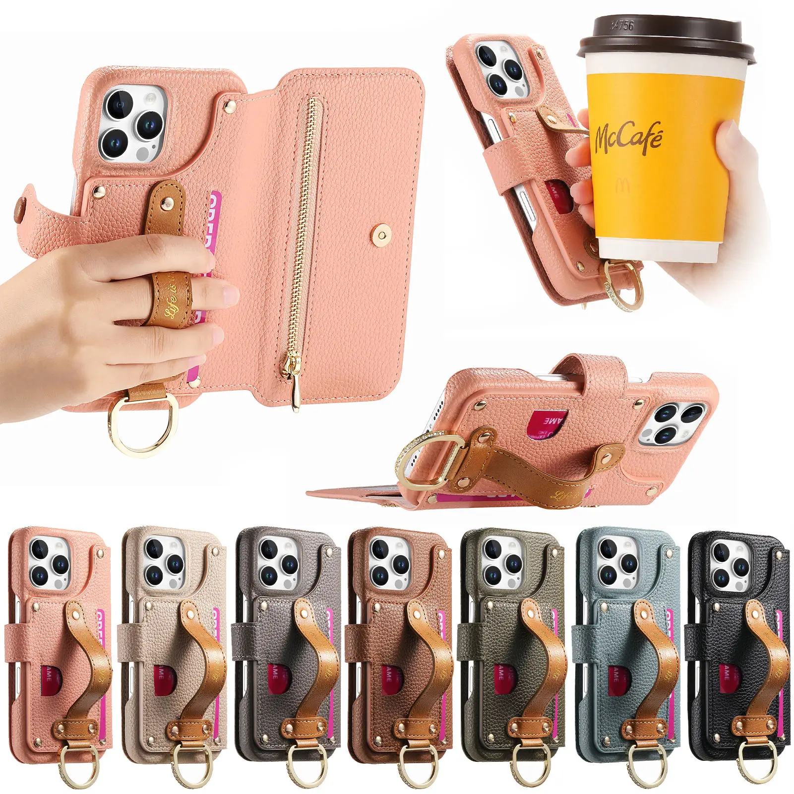 Leather Wallet Phone Case for iPhone 18 17 16 15 14 Pro Max Plus Zipper Card Holder Ring Holder Adhesive Flip Back Cover