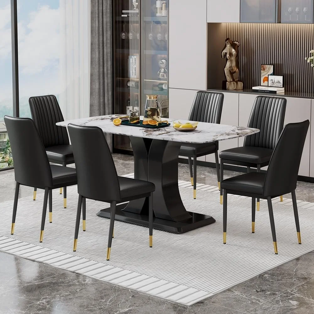 Dining Table Set for 6, Kitchen Table with 6 Pu Leather Upholstered Chair for Dining Room, Marble Table Chair Set for 6