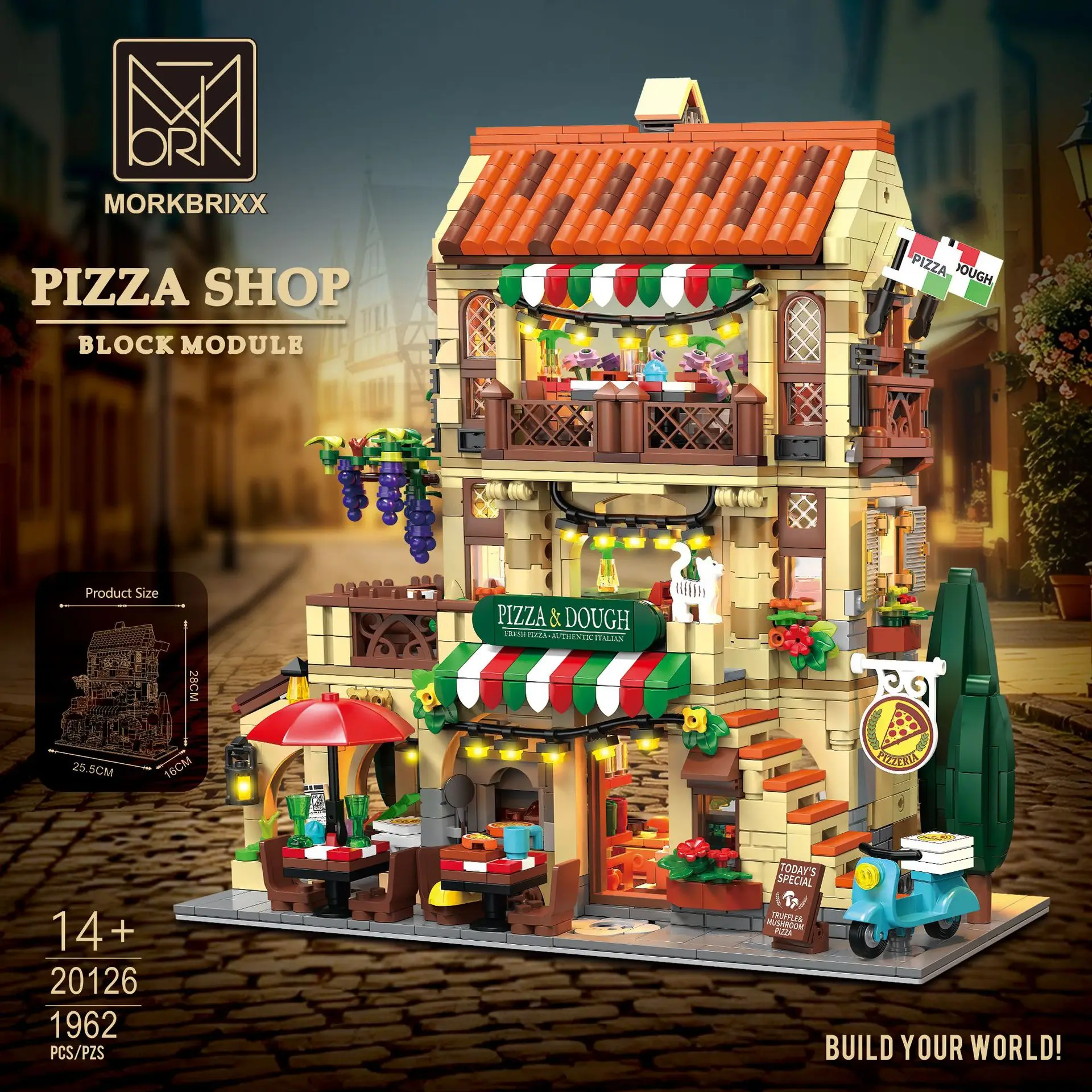 1962pcs Pizza Shop Street Scene Night View Display Educational Building Blocks Toy for Kids Creative Assembly Model Decoration