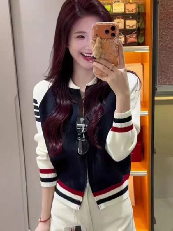 Korean College Style Color Block Knitted Cardigan Short Loose Women's Outerwear Spring Autumn Baseball Jacket Top