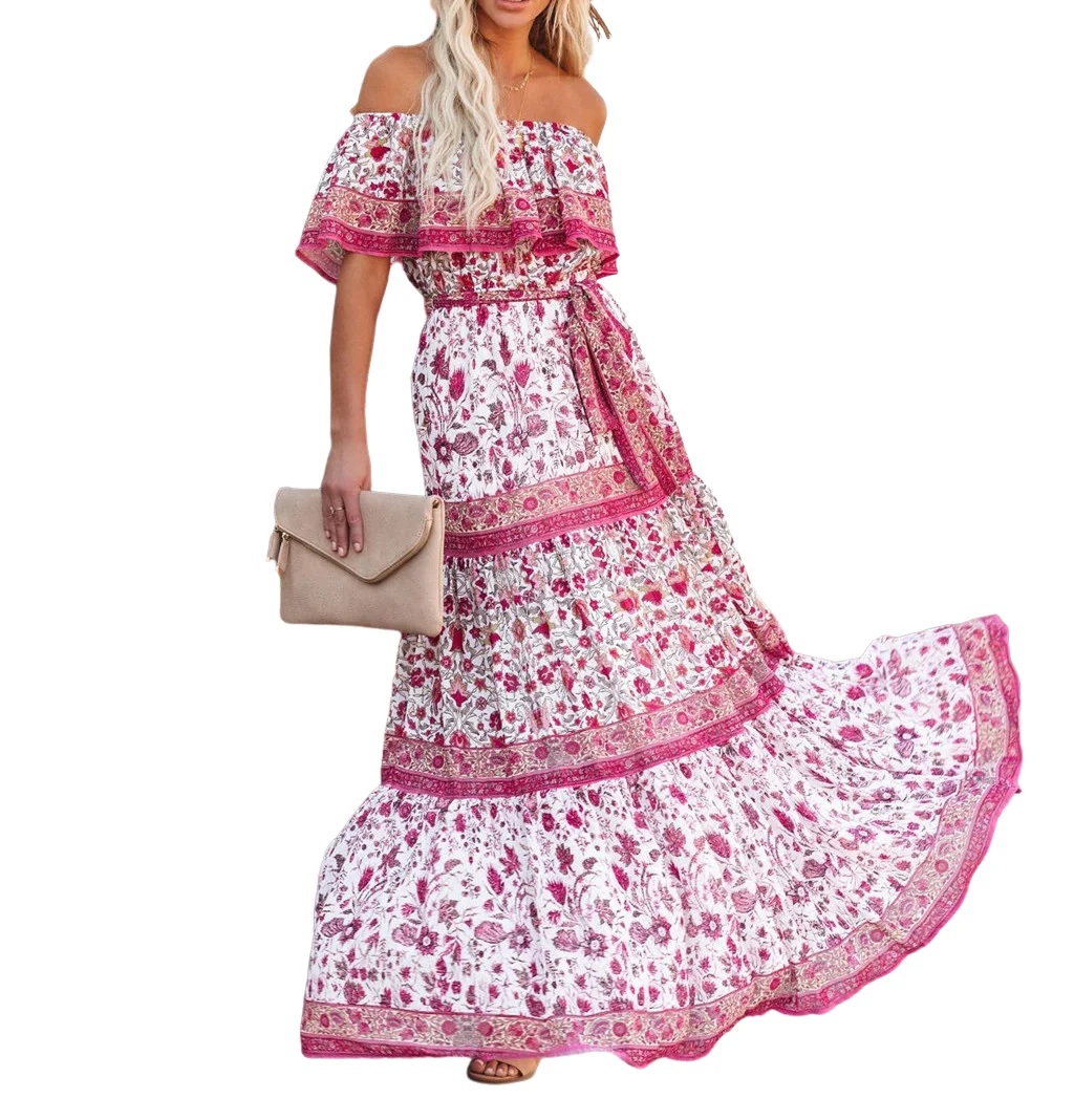 Mexican Dress for Women Off Shoulder Floral Print Maxi Dress Summer Sleeveless Casual Party Beach  for Halloween Party