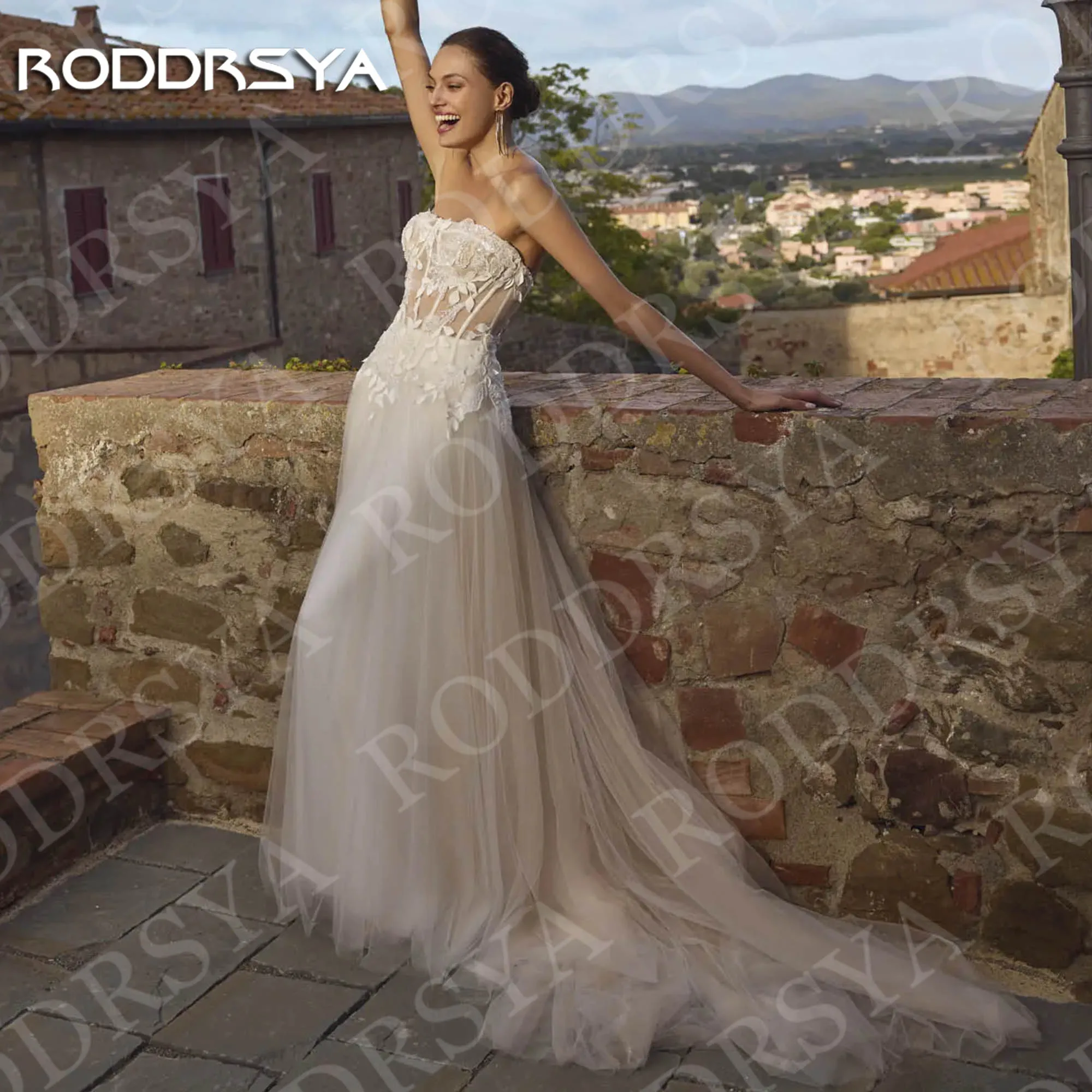Roddrsya elegante uma linha vestidos de casamento rendas apliques sem alças sem mangas vestido de noiva romântico personalizado Elegante uma linha vestidos de noiva Lace Appliques Strapless mangas vestido de noiva româ