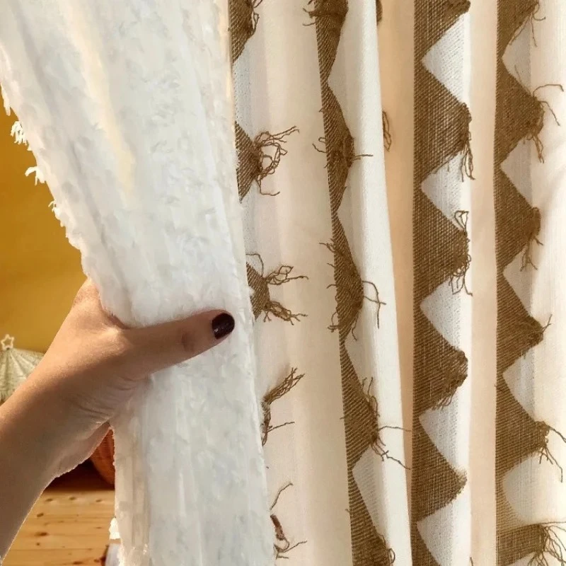New Yellow Small Triangle Feather Tassel Jacquard Curtains for Living Room Bedroom French Window White Screen Yarn Customized