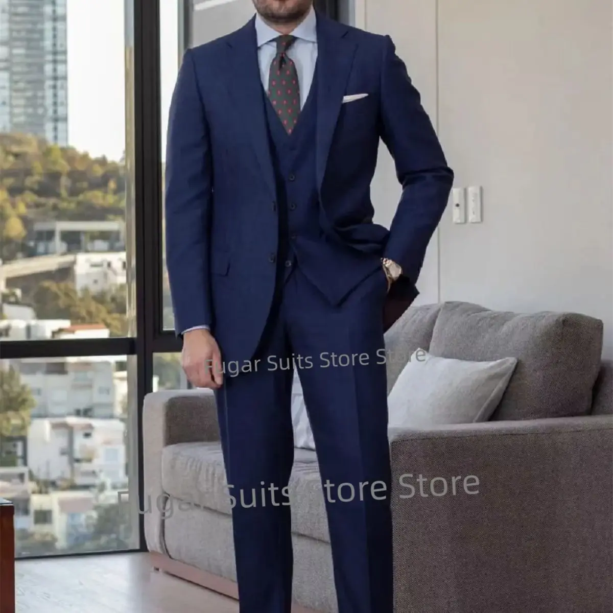 

Classic Business Navy Blue Wedding Suit For Men Slim Fit Notched Lapel Groom Tuxedos3Pieces Set Luxuly Male Blazer Costume Homme