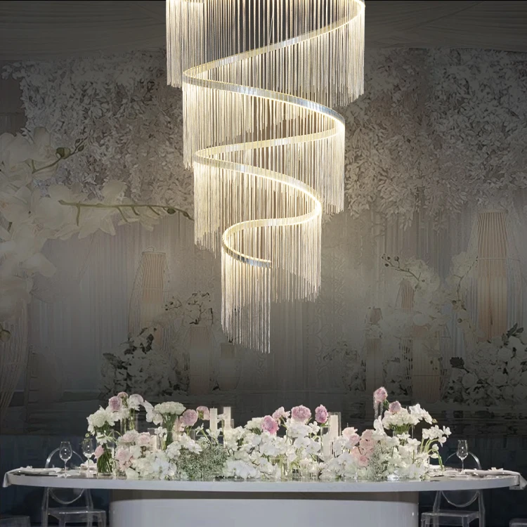 Fast Delivery  Hotel Restaurant Banque Aluminum Spiral Strip Crystal Bead Curtain Luxury Wedding Center Decor LED Pendant Light