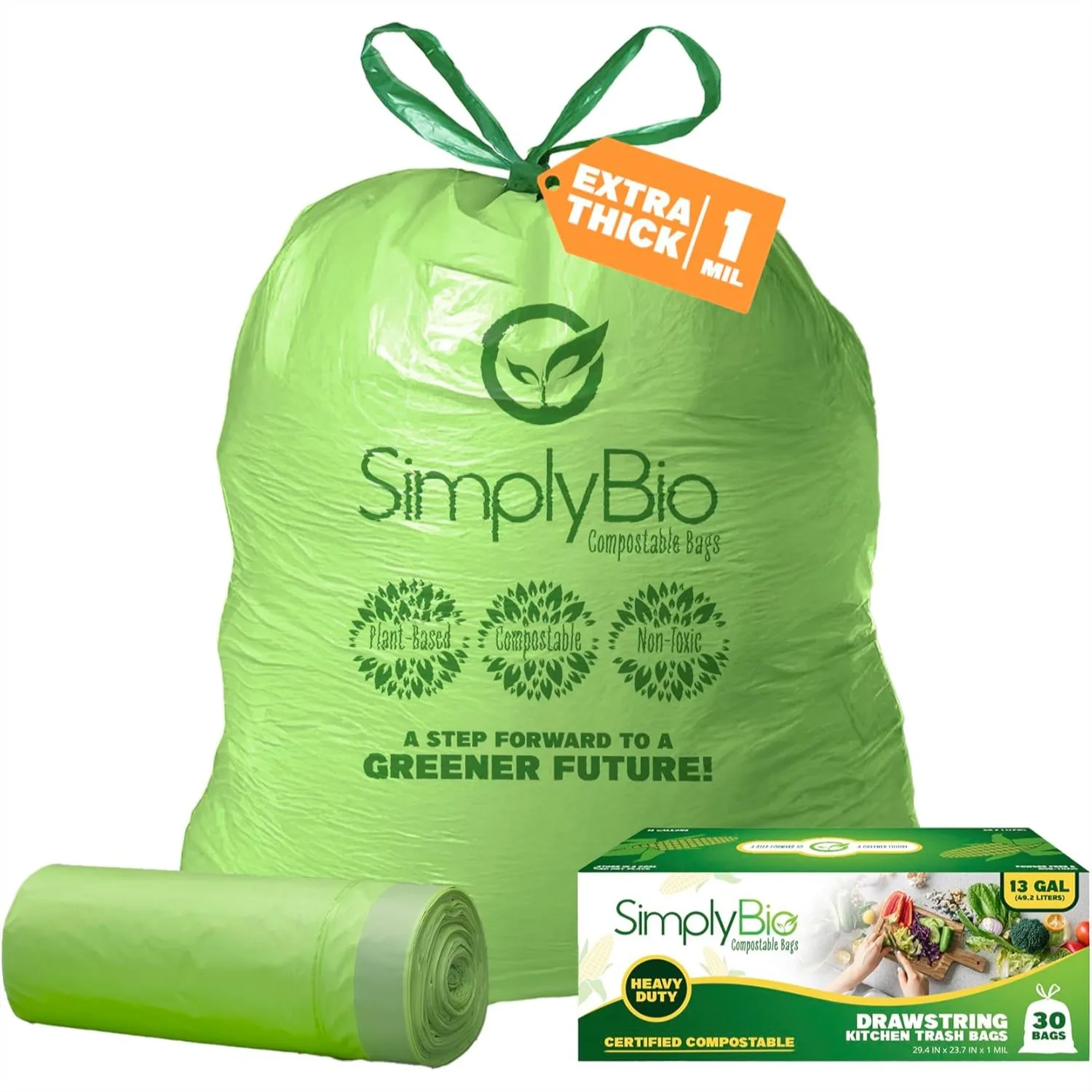 

13 Gallon Compostable Trash Bags with Drawstring, 30 Count Heavy Duty Extra Thick 1 Mil for Kitchen Food Scrap Waste