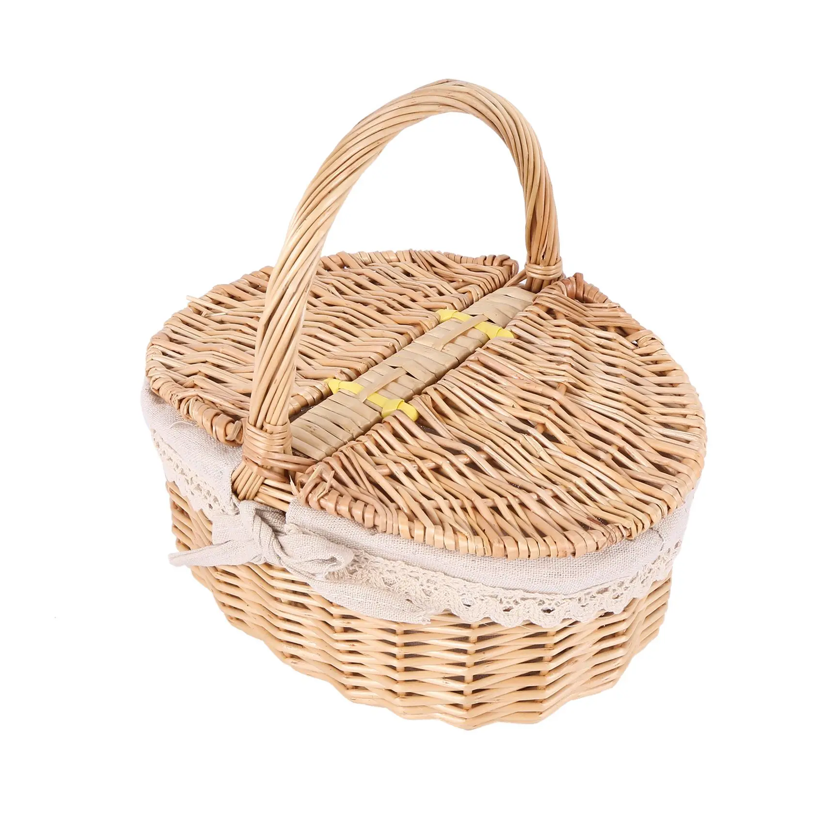 Handmade Wicker Basket with Handle Wicker Camping Picnic Basket with Double Lids Storage Hamper Basket with Cloth Lining