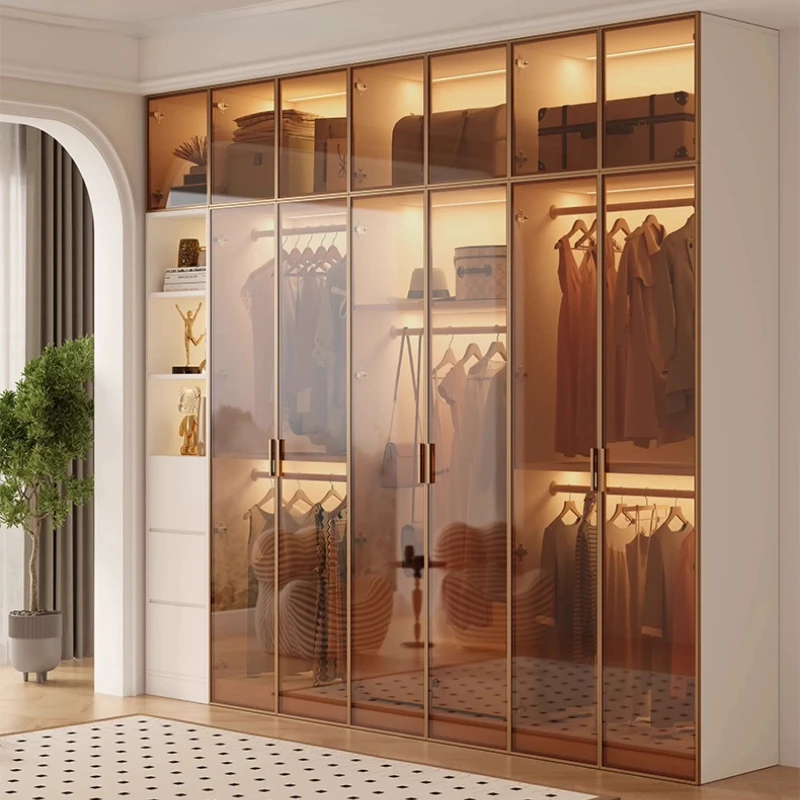 Modern Luxury White Frame Glass Door Wardrobe Solid Wood Combined Walk-In Closet with Built-In LED Ambient Light for Bedroom