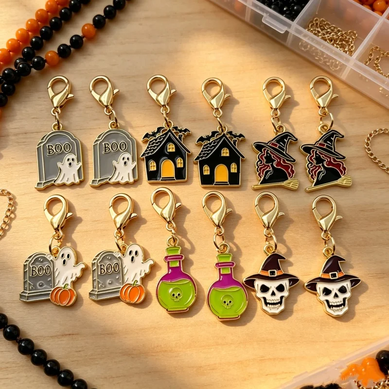 12pcs Halloween mixed keychain  ghost witch skull tombstone house medicine bottle bag decoration gift