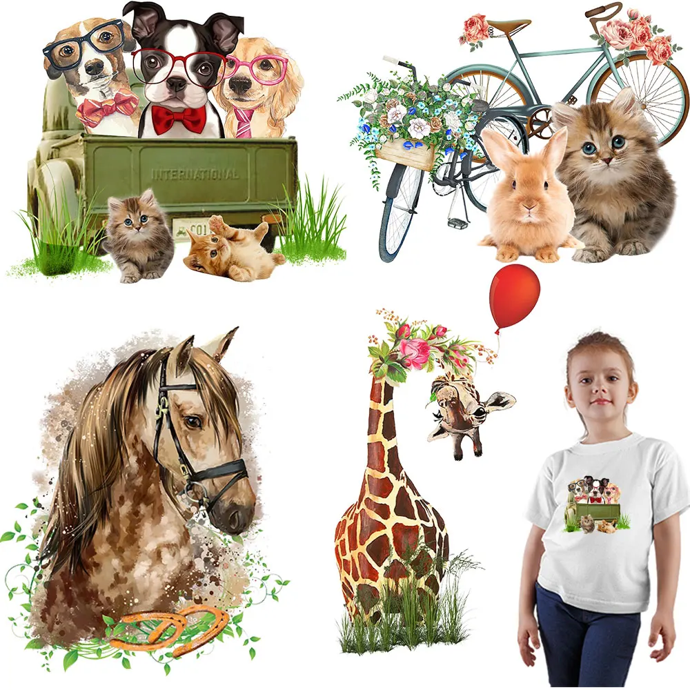 Animal Patches For Clothing Heat Transfer Dog Cat Horse Deer Stickers Iron On Clothes Diy Child T-Shirt Decals Stripes Parches