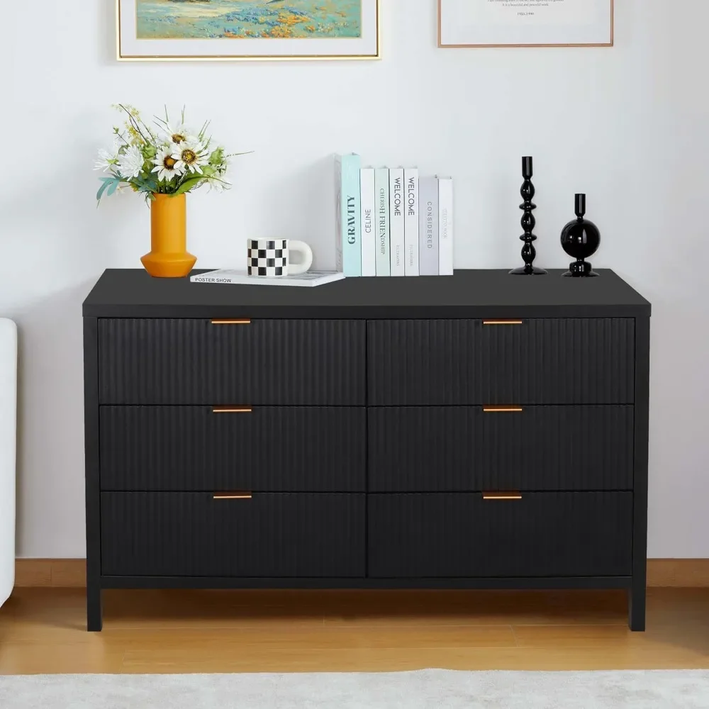 Fluted 6 Drawer Double Dresser for Bedroom, 47