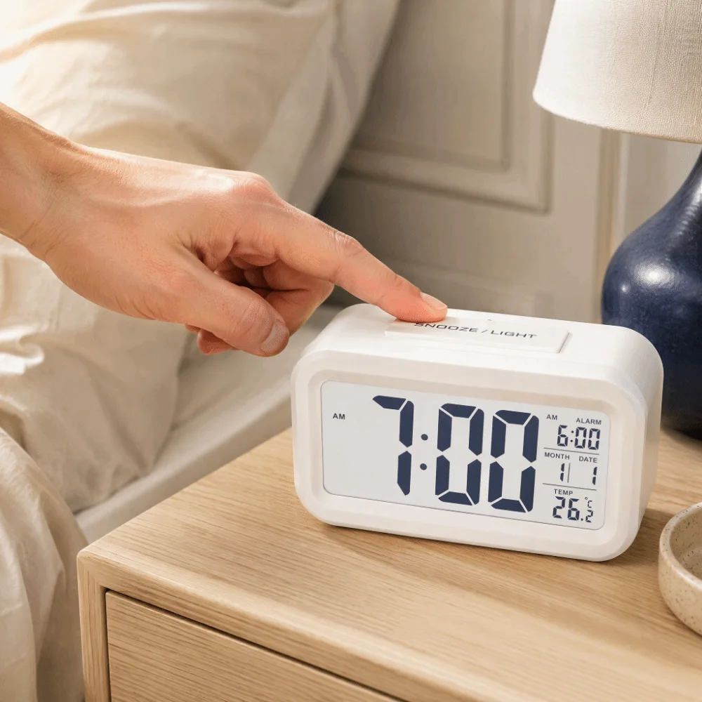 Battery Operated LED Alarm Clock Large LED Display Temperature Display Desk Alarm Clock 12/24H Format Snooze Function