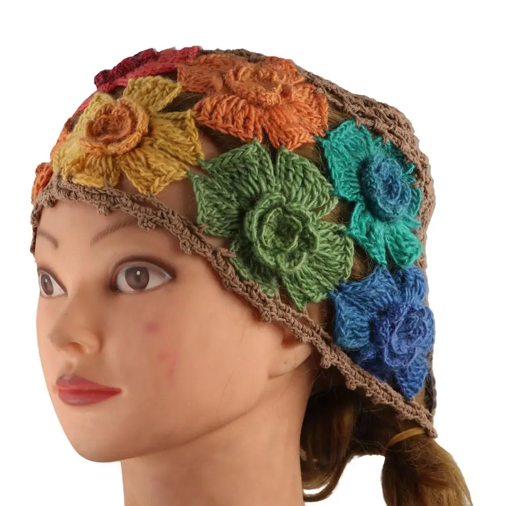 Vintage Colorful Flower Hollow Knitted Hat Crochet Woolen Beanie Cap Korean Hollow Ethnic Style Pullover Hat Ladies