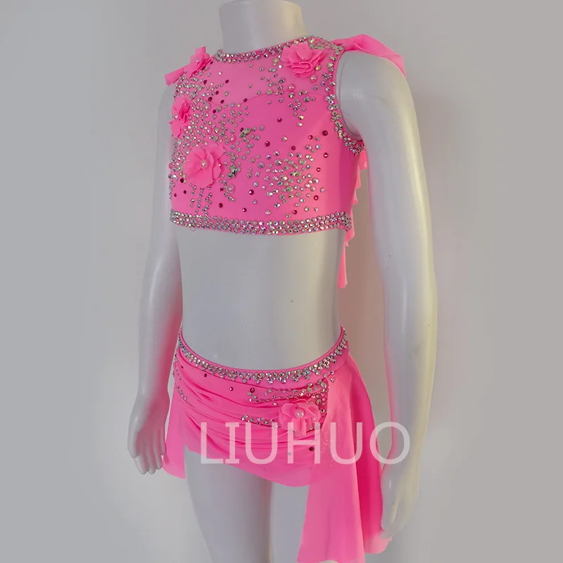 LIUHUO High-Neck Sleeveless Backless Pole Dance Luxury Flash Drill Competition Performance Pink Lyrical Dance Dress