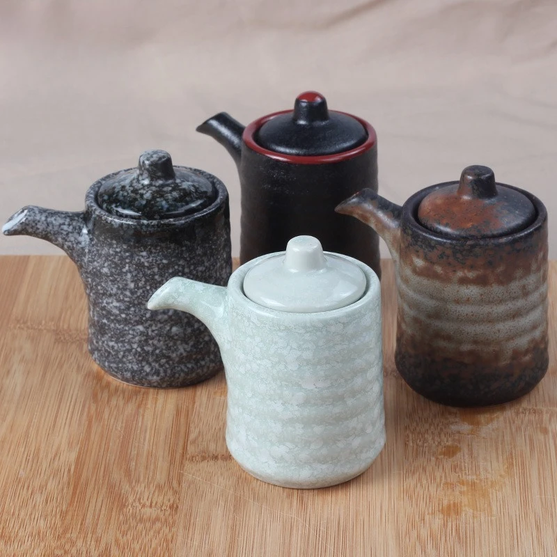 Handmade Ceramic Round Condiment Bottle Japanese Retro Soy Sauce Vinegar Cruet Kitchenware Set