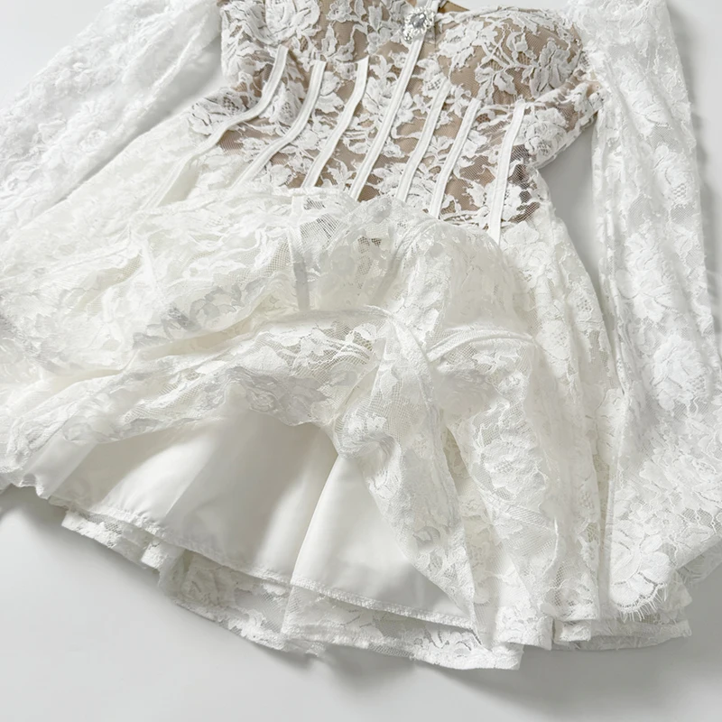 Lace Dress Women Long Sleeve Fishbone Slim Waist Sexy Dress Evening Party Casual Embroidered Floral Mini Dress Female 2025 New