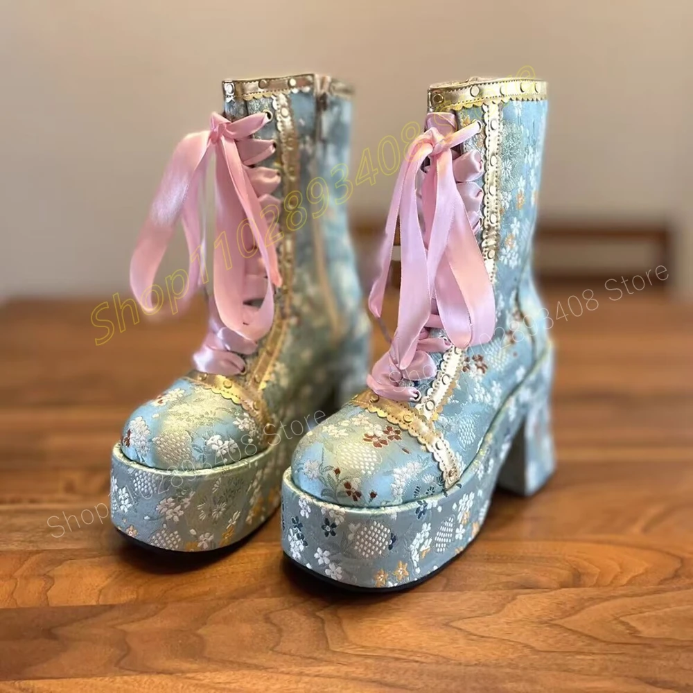 Blue Flower Print Cross Tied Ankle Boots Platform Elegant Chunky High Heel Round Toe Women Shoes 2024 Sexy Zapatos Para Mujere