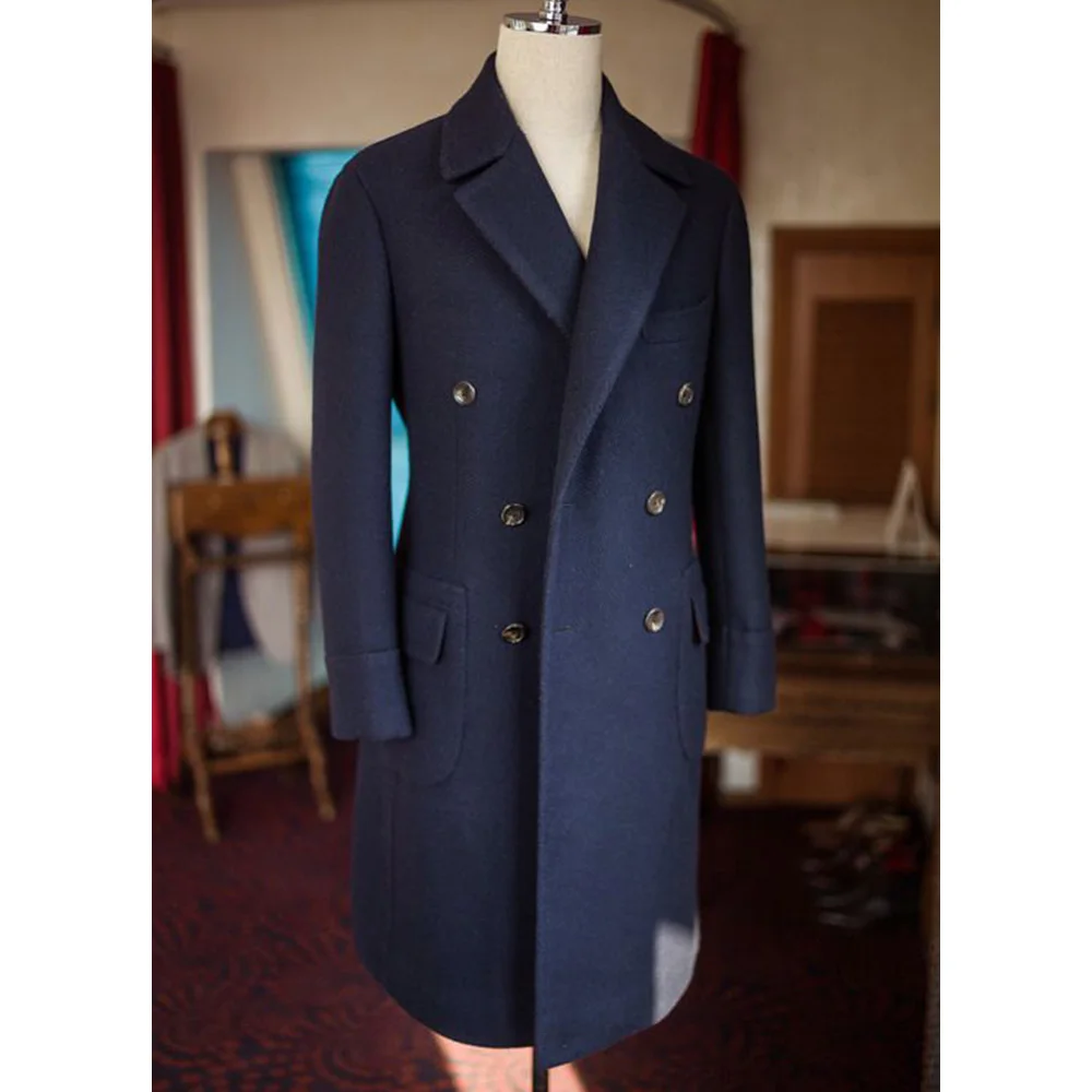 Men's Winter Long Coat Formal Jacket Men's Wool Coat Double Breasted Windbreaker Casual Clothing Navy Blue Suit Collar Jacket Me