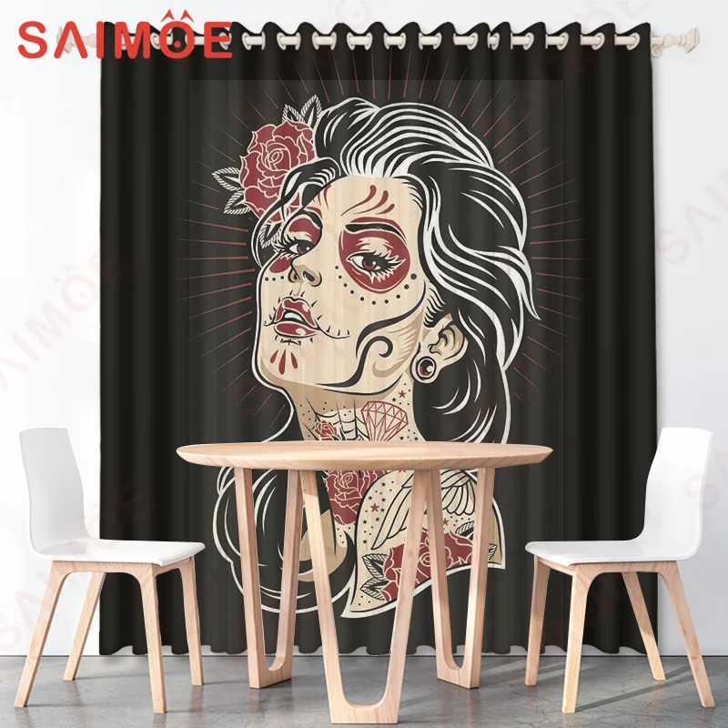 European and American Day of The Dead Skull Curtain Girl Guitar Pattern Thin Polyester Fabric Office Custom Decoration with Hook