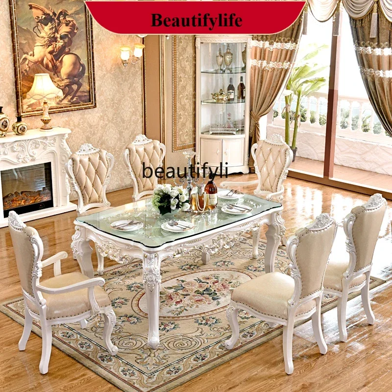 z183  European dining table American villa solid wood square table marble surface, dining room furniture square dining table
