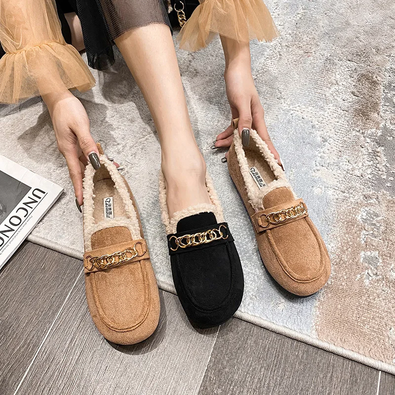 عادية امبسوول المتسكعون النساء الشقق سلاسل أحذية الشتاء فروي أحذية السيدات مبطن القطن Mocasines الدافئة الانزلاق على الأغنام فراء الأحذية #4