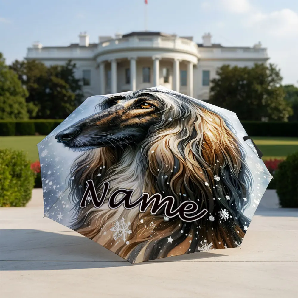 Custom Name Umbrella Afghan Hound Dog Winter Snowflake Snow Print Folding Umbrella, Portable Travel Parasol For Dog Lovers