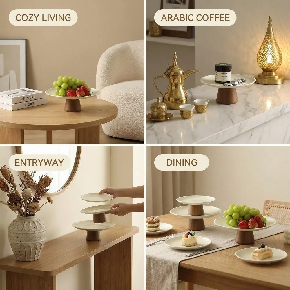 New Tall Design Snack Storage Tray Wooden Base Stable Candy Plate Multifunction High Foot Fruit Display Plate Home Table