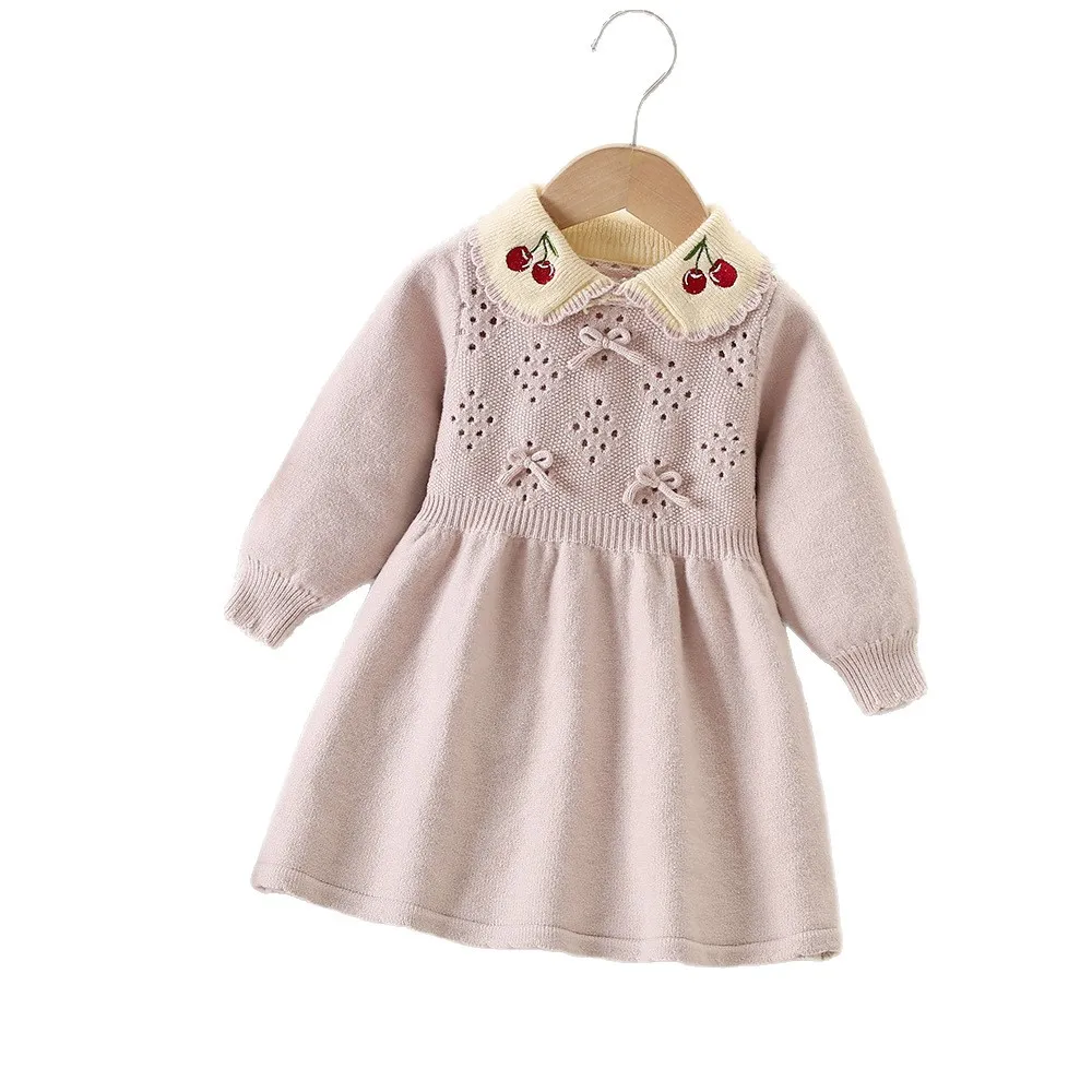 Girls Sweater Dress Fall Winter New Stylish Sweet Embroidered Cherry Knit Pullover Bow Knot Little Princess Dress