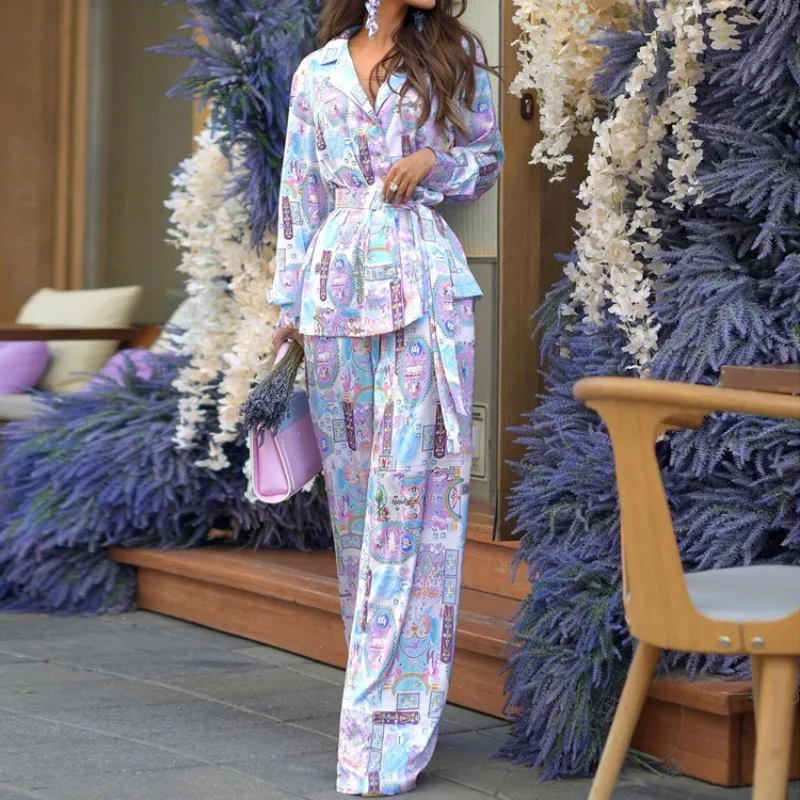 

European American INS Style Women's Long Sleeve Long Pants Printed Pajama Loungewear Set Spring Autumn L Size Casual Fashion