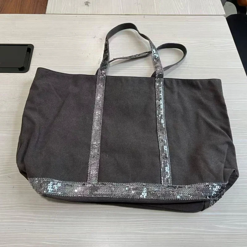 Sequined Bucket Bag Vintage Canvas Tote Bag Large Capacity Shoulder Crossbody Women Handbag Retro Pattern Stylish Casual Shopper