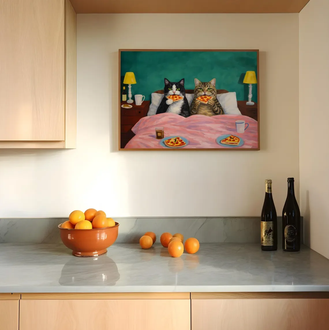 Cozy Pizza Night Cats Wall Art - Whimsical Print Celebrating Feline Comfort Food. The Rich Teal Backdrop and Soft Pink Bedding C image 5