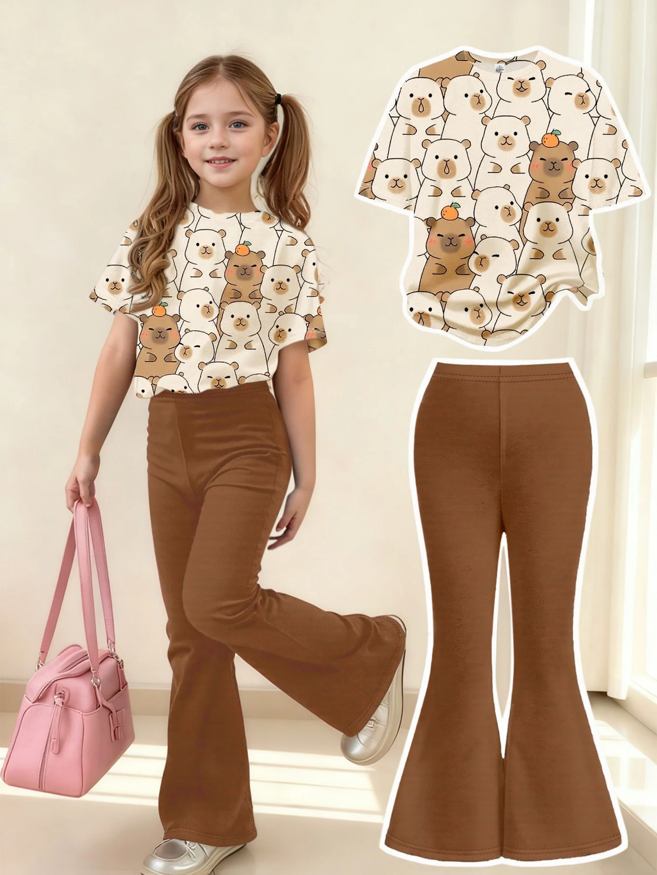 2-Piece Set for Girls: Sweet Summer Outfit with Capybara Print Round-Neck Short-Sleeve T-Shirt + Brown Flared Pants, Casual Two-Piece Set, Summer Youthful Vibe, Suitable for Holiday Gifts, Can Be Worn in All Seasons, Stylish and Versatile for Outdoor Gatherings, Fashionable and Elegant Korean-Style Girls' Clothing