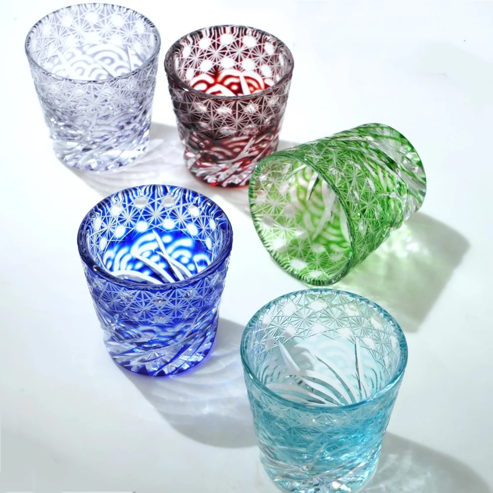 

Handmade Edo Kiriko colored korea soju glass cup 1.2 oz Japanese style sake glass hand cut shot glass for whiskey tequila