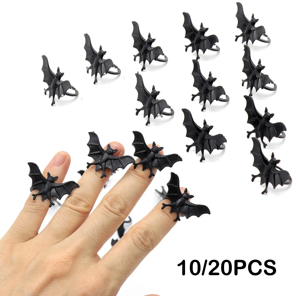 10/20PCS Halloween Black Bat Ring Toy Novelty Trick Prank Novelty Joke Toy Halloween Party Masquerade Props Supplies Decoration