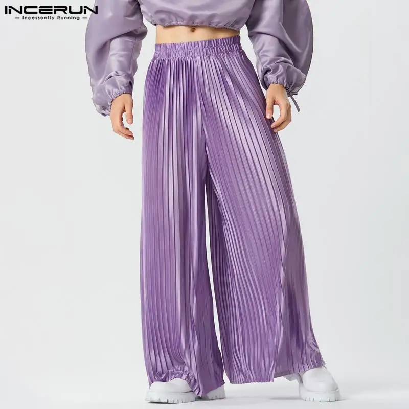 

Men Wide Leg Pants Pleated Solid Color Joggers Elastic Waist Loose Trousers Men Streetwear 2023 Fashion Casual Pantalon INCERUN