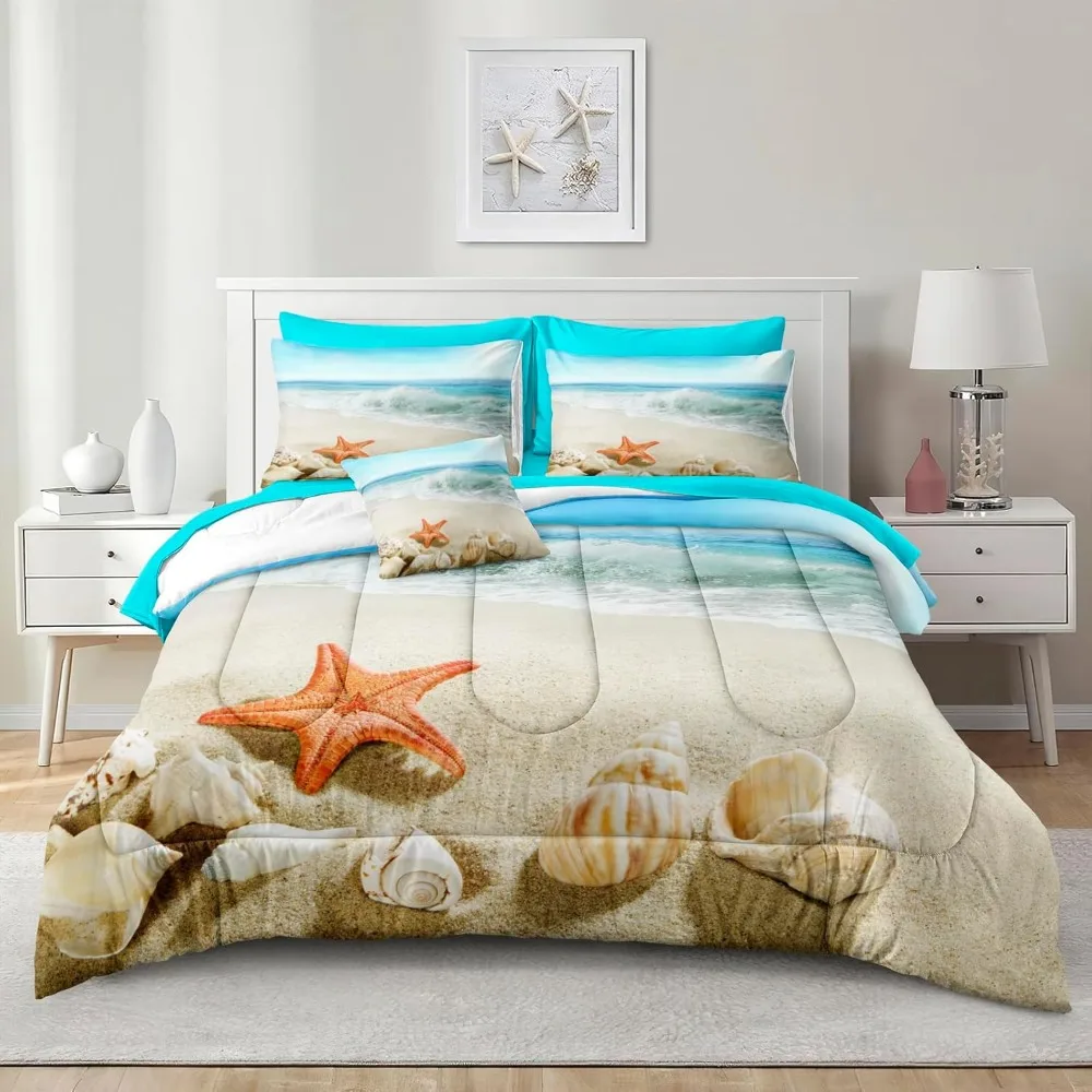 

Bedding Comforter Set with Sheets Beach Themed Ocean Turquoise in a Bag 8 Pcs Summer Lightweight, easy care bed set