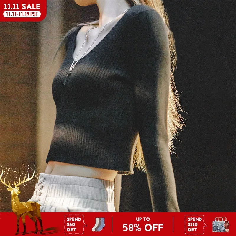 

Maden Женский вязаный свитер из 100% хлопка с V-образным вырезом, облегающего кроя, с длинным рукавом, однотонный короткий топ в корейском стиле, повседневная облегающая футболка