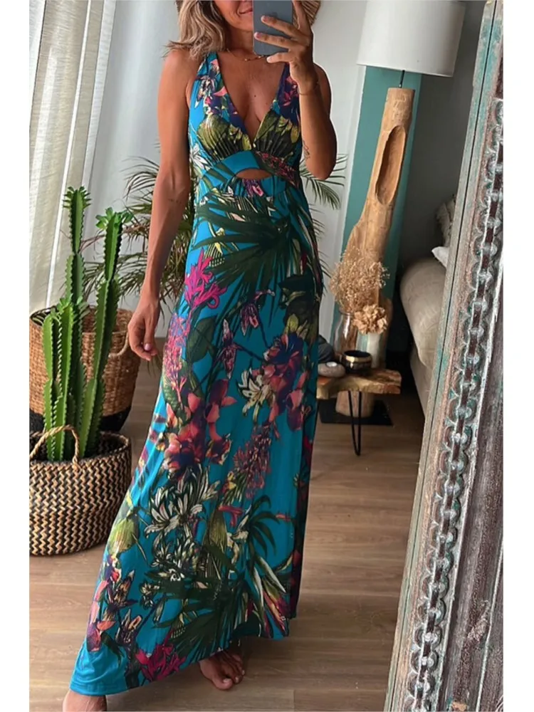 Sexy party lange jurken voor vrouwen bedrukte diepe v-hals backless mouwloze bodycon jurk zomer nieuwe bohemien strandstijl vestidos