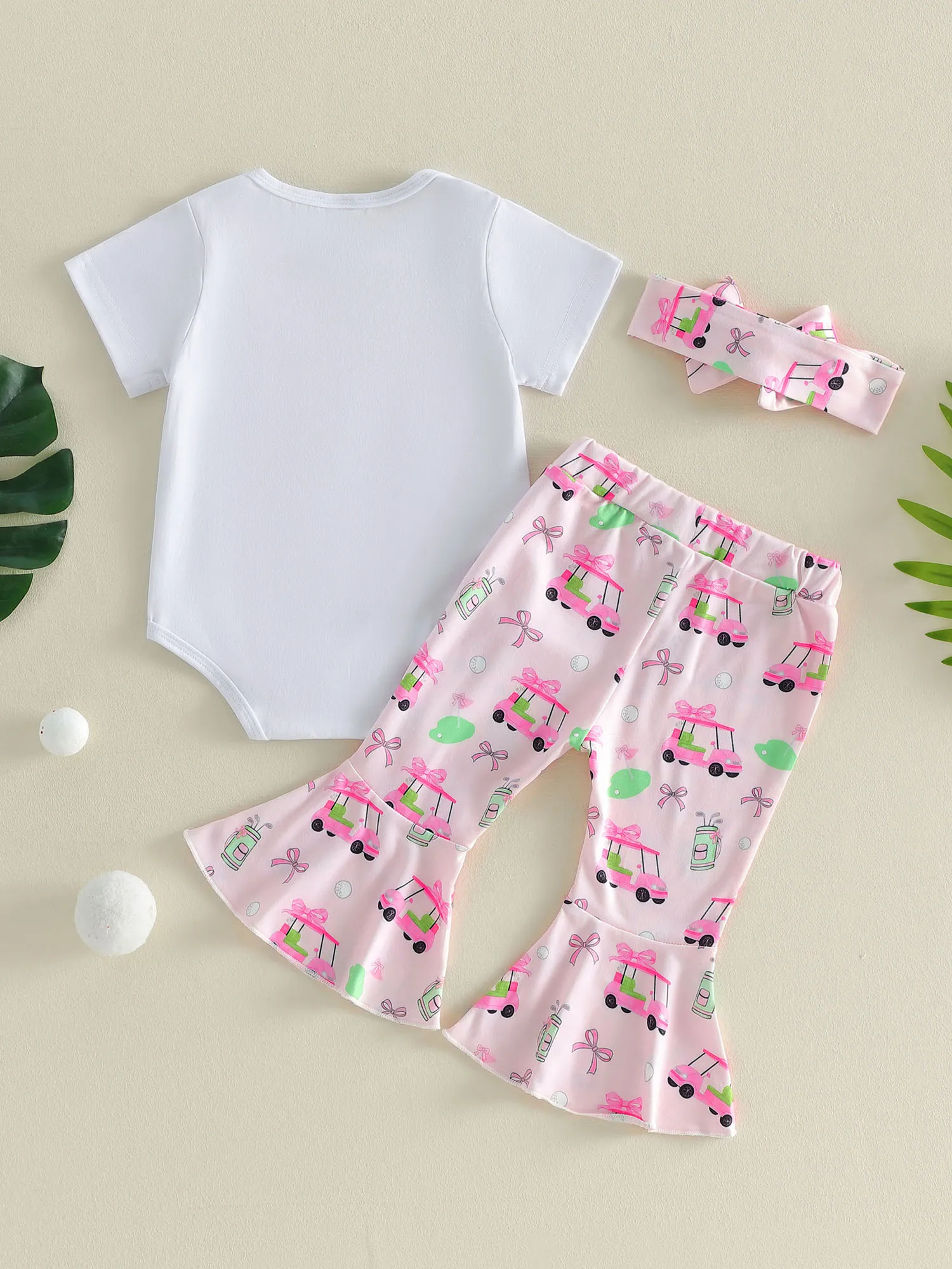 

Adorable Baby Girl Summer Outfit Cute Short Sleeve Romper with Golf Cart Print Flare Pants and Matching Bow Headband - 3