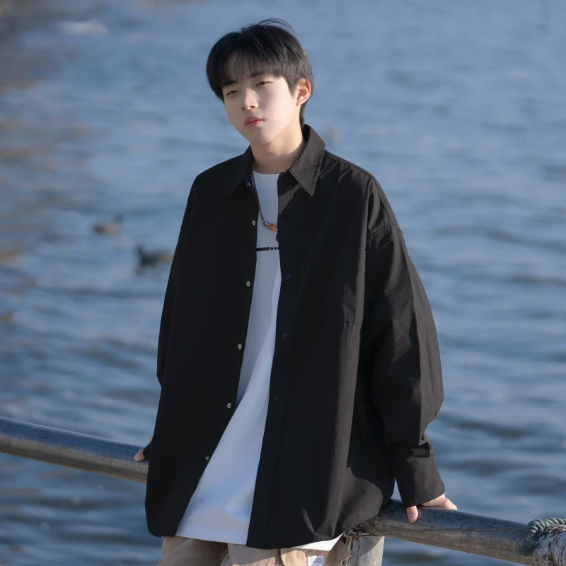 

Men's Long Sleeve Thin Shirt Spring Autumn Pure Color Short Sleeve Trendy Handsome Jacket Casual Loose Fit Youth Fashion