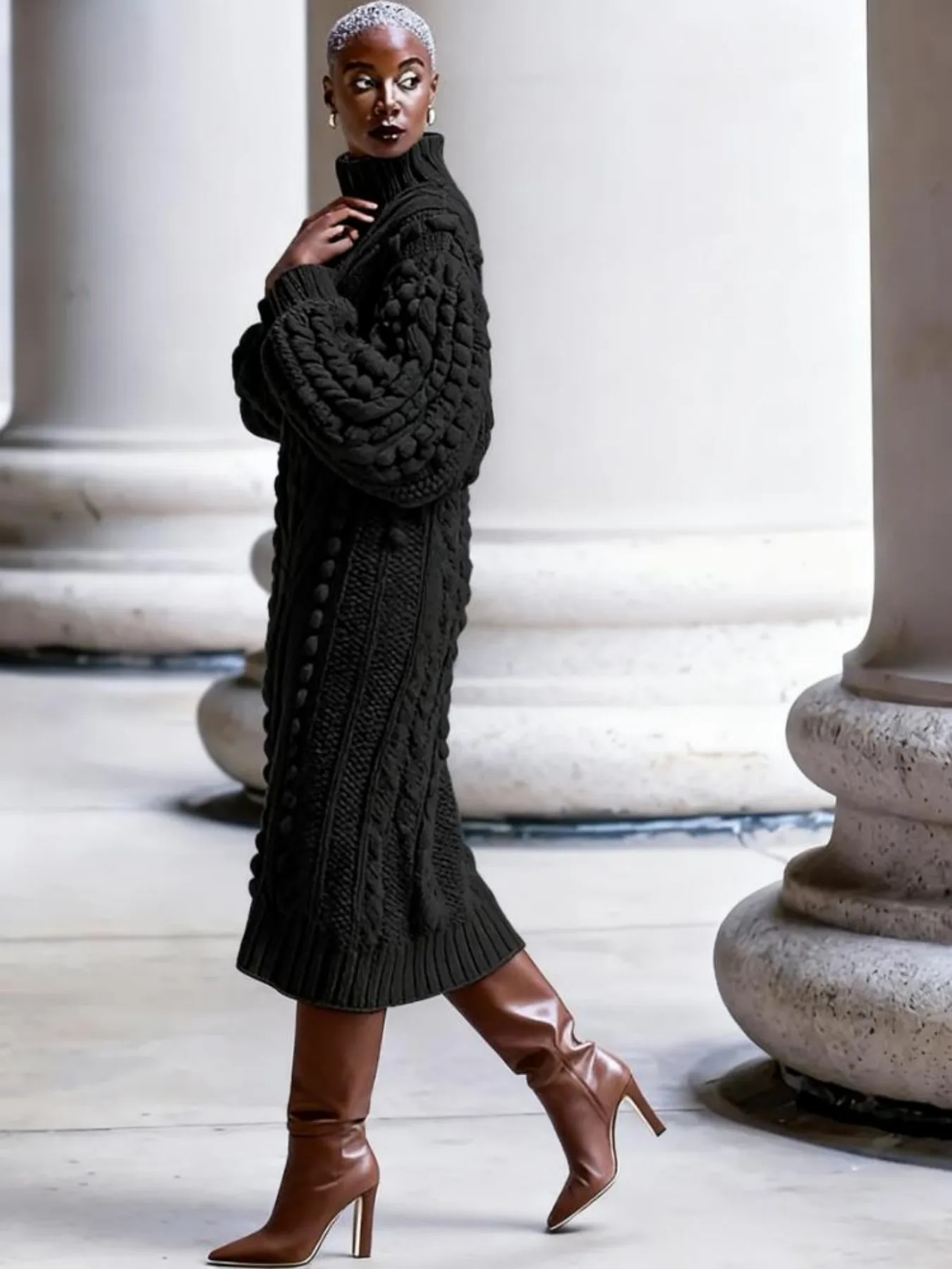 

Элегантное женское платье-свитер с высоким воротником и длинными пышными рукавами, расклешенным краем, тонкий Н-образный крой, полиэстер, который можно стирать в машине.