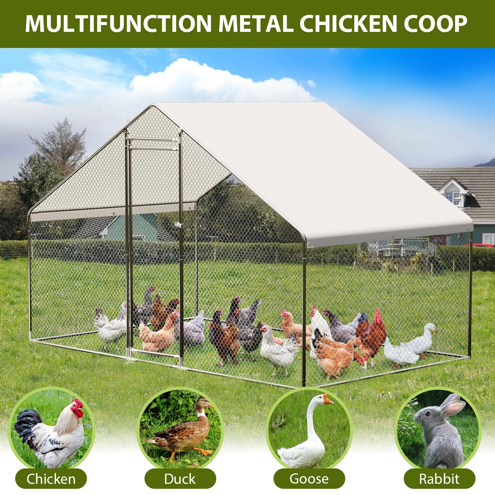 Large Metal Chicken Coop, Heavy Duty Walk-In Chicken Run with Wire Mesh, Waterproof Anti-UV Cover and Security Lock, Outdoor Poultry Cage for Chickens Ducks Geese Rabbits in Yard Garden Backyard