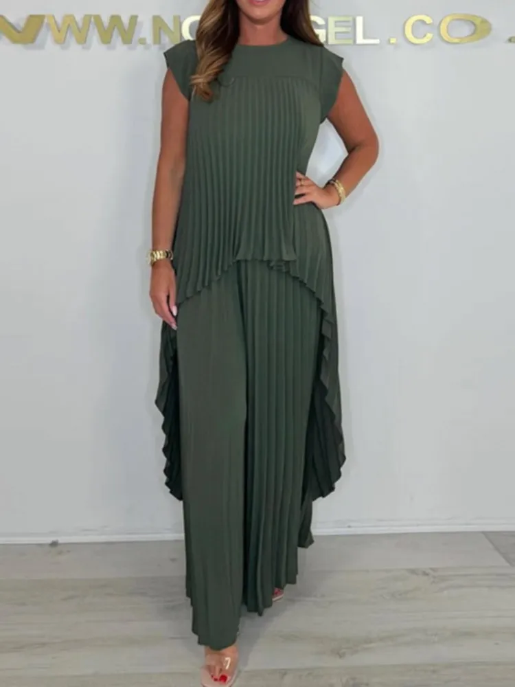 

Новый плиссированный топ без рукавов с нерегулярным круглым вырезом + широкие брюки, летние модные повседневные однотонные свободные праздничные наряды из двух предметов для женщин