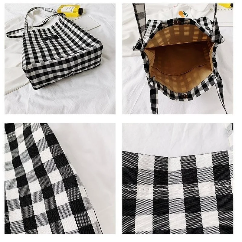 Fashion Durable Women Student Cotton Linen Single Shoulder Bag Shopping Tote Check Plaid Female Flax Canvas Shopping Bags 2024