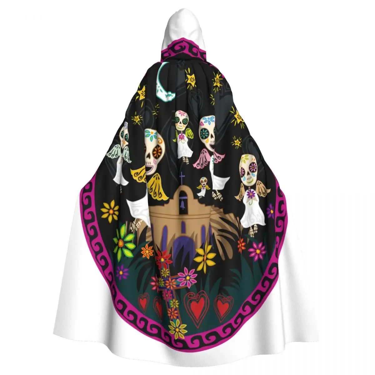 

Day Dead Angelitos Flowers Under Moon Hooded Polyester Unisex Witch Cape Costume Accessory