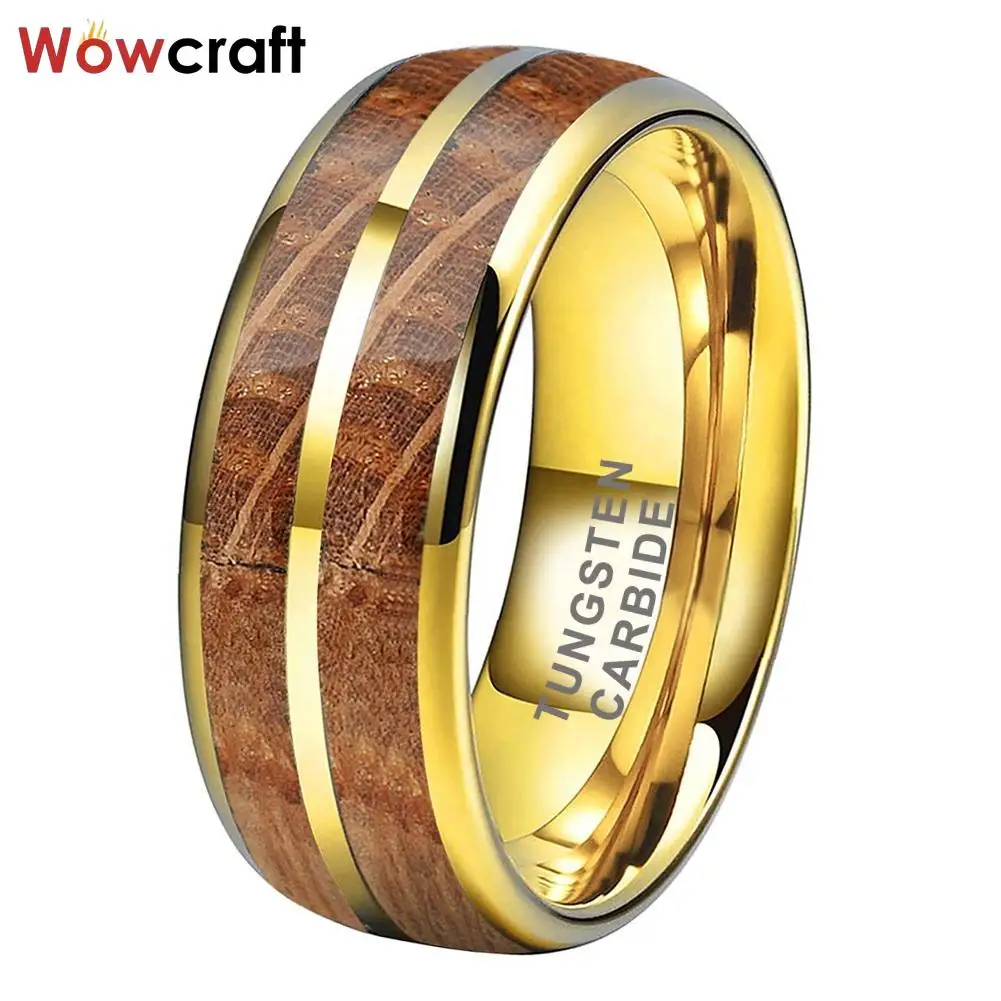 Whisky Barrel Wood Inlay Gold Plated Tungsten Ring for Men Women Fashion Engagement Wedding Band