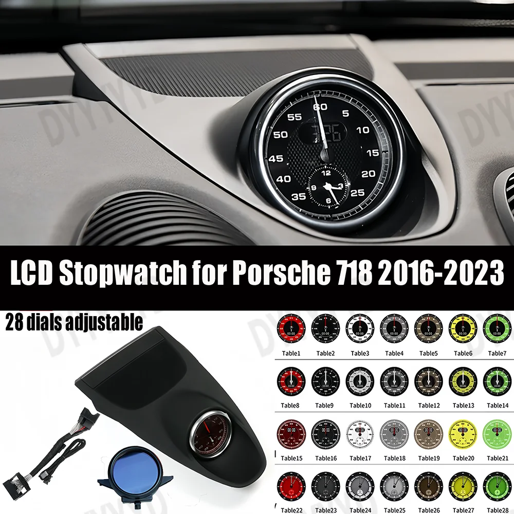 Car LCD Stopwatch Sport Chrono for Porsche 718 Cayman Boxster 982 981 Dashboard Clock Interior Center Compass Watch Decoration