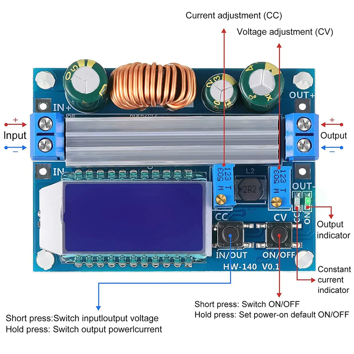 A23F-35W DC 5.5-30V To 0.5-30V Digital LCD Display Automatic Step Up Down Buck Boost Converter Power Supply Module Adjustable