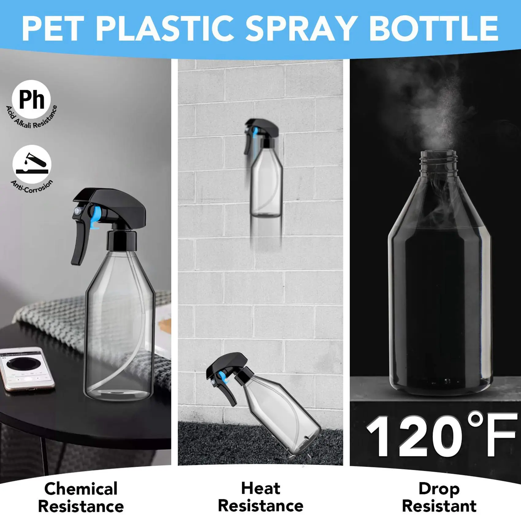 ABYN-Plastic Spray Bottles For Cleaning Solutions,10OZ Reusable Empty Container With Durable Black Trigger Sprayer, 6Pack