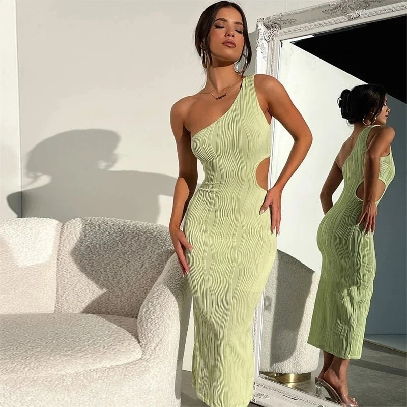 

Summer New Solid Color Slim One Shoulder Dresses Women Sexy Slant Collar Hollow Out Package Hip Dress Trendy Lady Party Vestidos